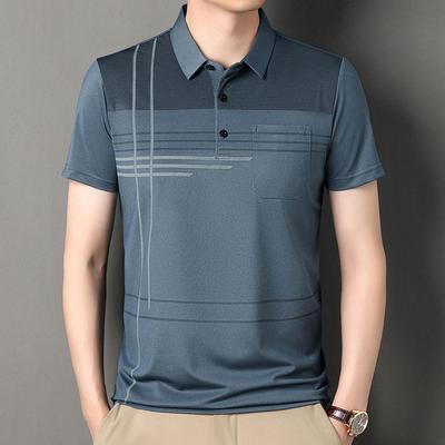 Polo męskie w paski, Cienka koszulka z krótkim rękawem z jedwabiu lodowego, Top z półkołnierzykiem