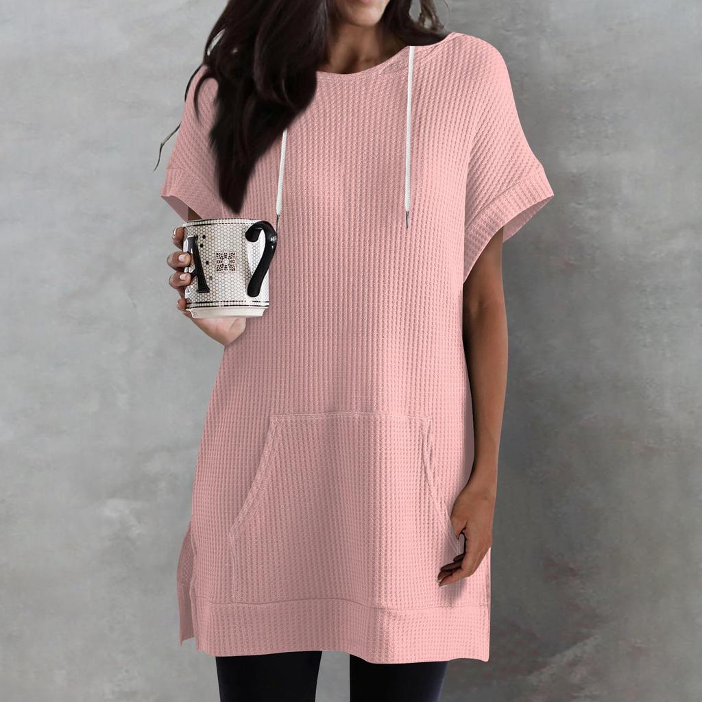 Women's Color Loose Shirts Short Sleeve Drawstring Hoodies Knit Side Slit Tunic Hooded Tops With Pocket