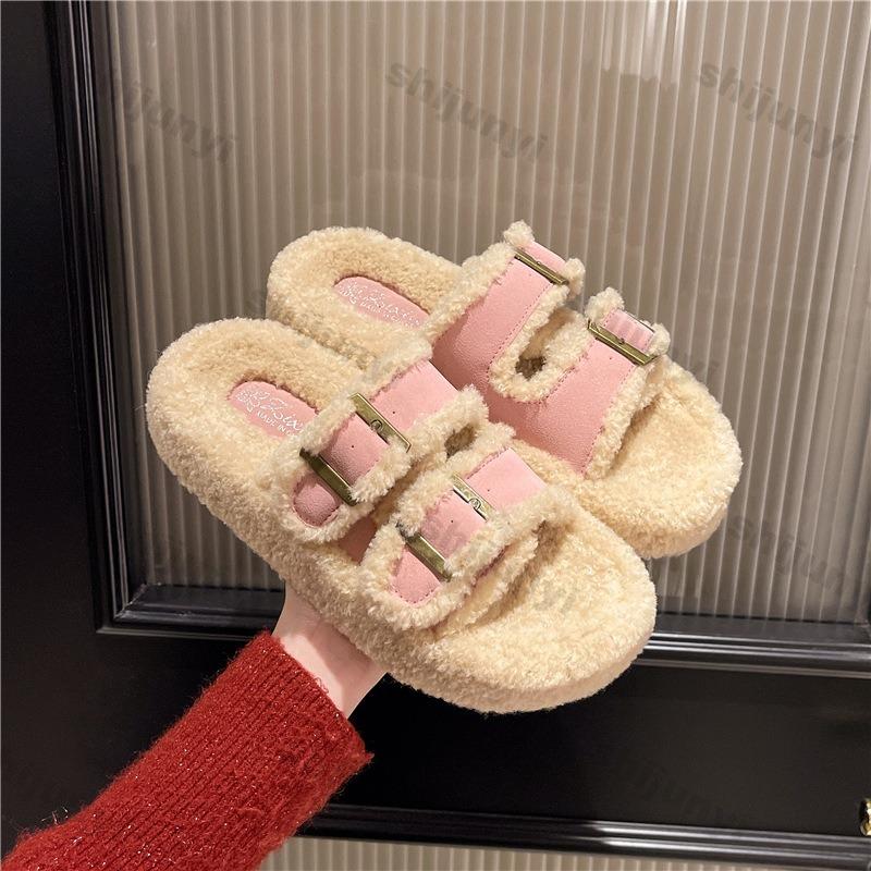 Women's Slippers Belt Buckle 2024 Autumn/winter Thick Soled Boken Plush Fluffy Slippers New Korean Outdoor Fashion Cotton Shoes