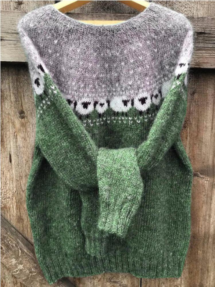 Multicolor Round Neck Knit Sweater with Sheep Pattern