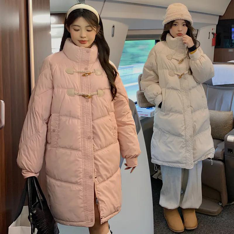 WTEMPO Mid-length Solid Color Loose Thickened Warm Down Coats Women's Large Size Zipper Cotton-padded Coats Pockets Outdoor Warm Coats