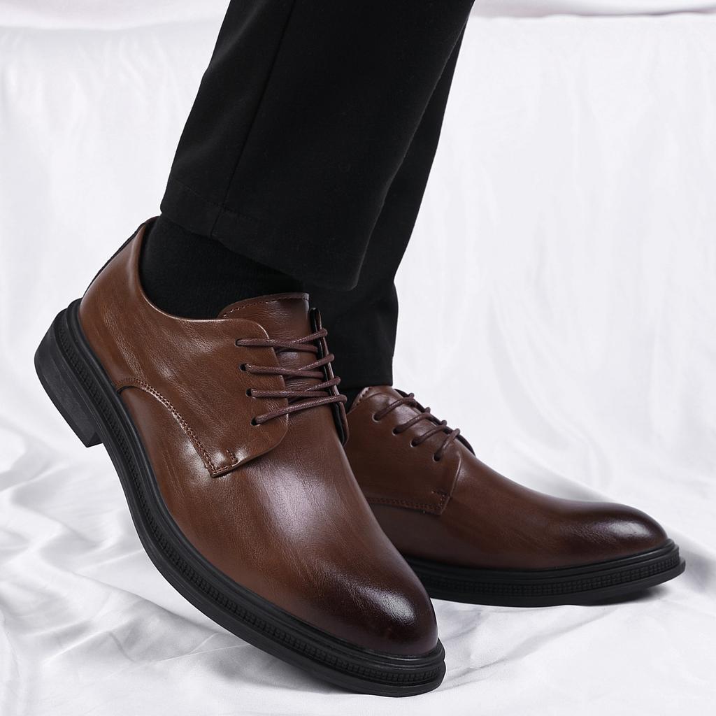 Leather shoes men's business dress Korean version of trend British men's leather casual spring brown soft sole heightening men's shoes