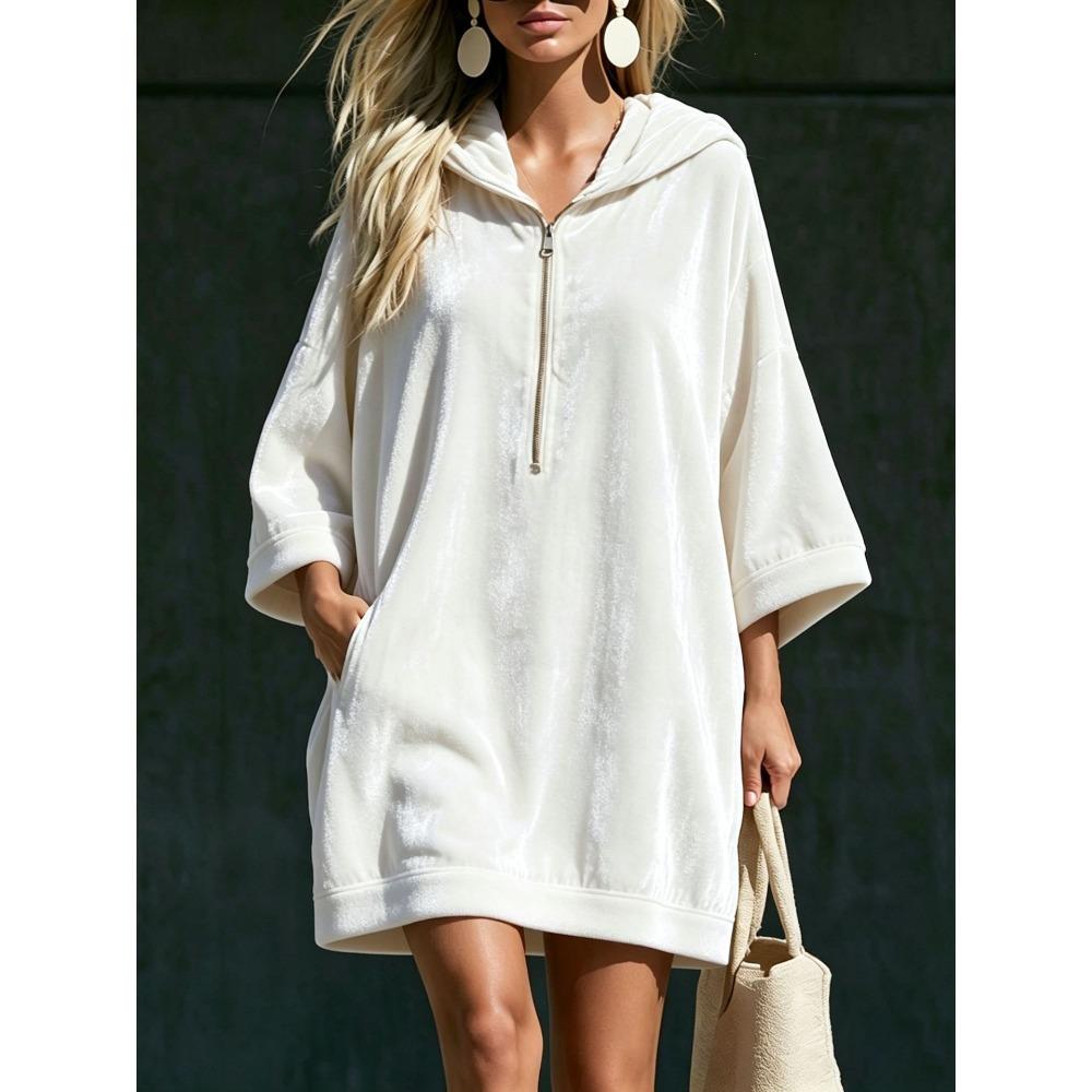 Autumn Winter Velvet Hooded Dress Half Zip 3/4 Sleeve Pocket Long Sweatshirt Dress Women Casual Hoodie Midi Dress