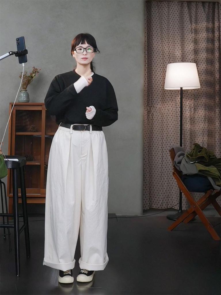 New Folk Craft Jade White Retro Wide-Leg High-Density Elastic Waist Long Pants for Autumn/Winter