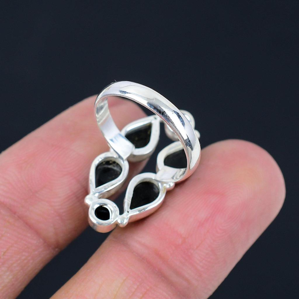 Natural Black Onyx Gemstone 925 Sterling Silver Long Finger Hollow Ring For Women & Girls