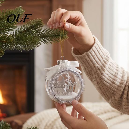 Winter Fairy Tale Hanging Decor Opening Christmas Ball Ornament with Bow, Tree Reindeer Snow Scene Micro Landscape Inside Clear Ball, Xmas Sphere