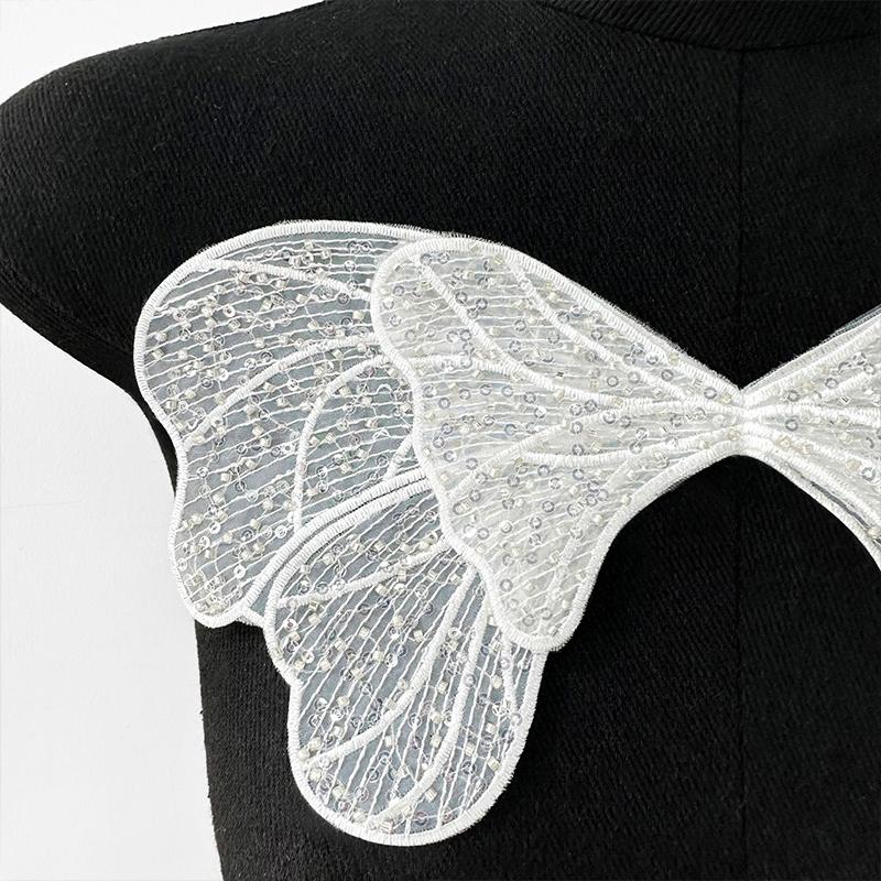 2pcs Sequin Beading Organza Embroidery Bow Lace Patches Butterfly Sewing Appliques Sew On for Women's Clothing Wedding Gown