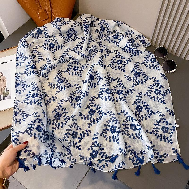 88*180Cm Floral Bohemia Styles Women Scarf Cotton Linen Feeling Travel Sunscreen Shawl Tassel Neckerchief Muslim Hijab Wraps