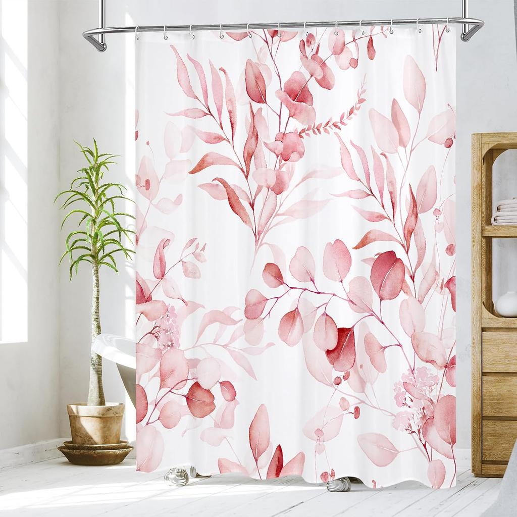 Pink Spring Floral Shower Curtain, Watercolor Eucalyptus & Botanical Plants, Modern Chic Bathroom Decor With Hooks