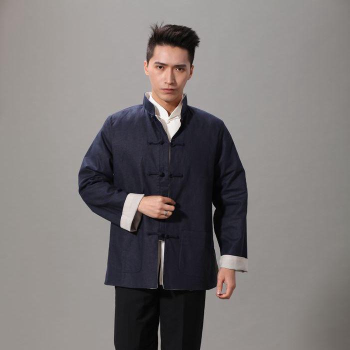 Men's Ethnic Style Tang Suit Jacket: Reversible Cotton-Linen Long Sleeve Hanfu for Spring/Autumn