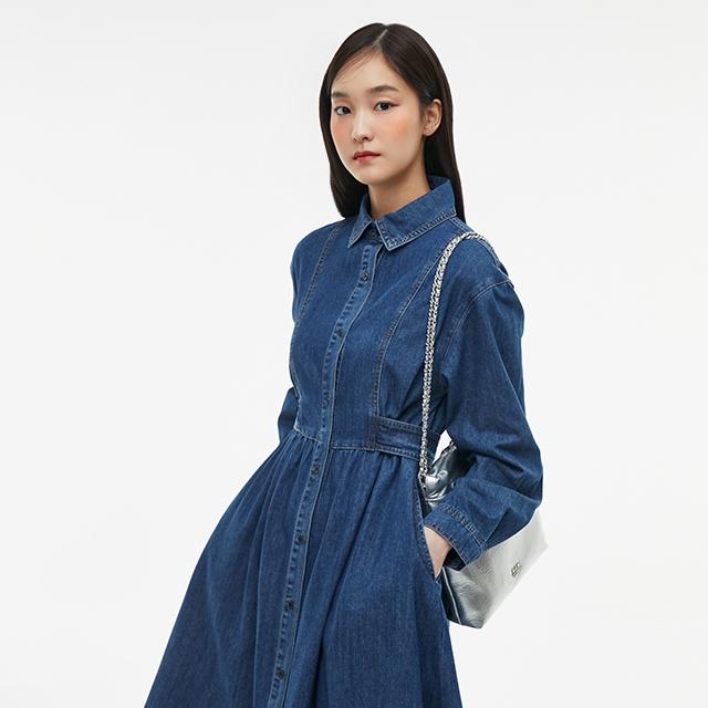 LAP Cut-Out Detail Shirt Collar Long Denim Dress Aq1Do262
