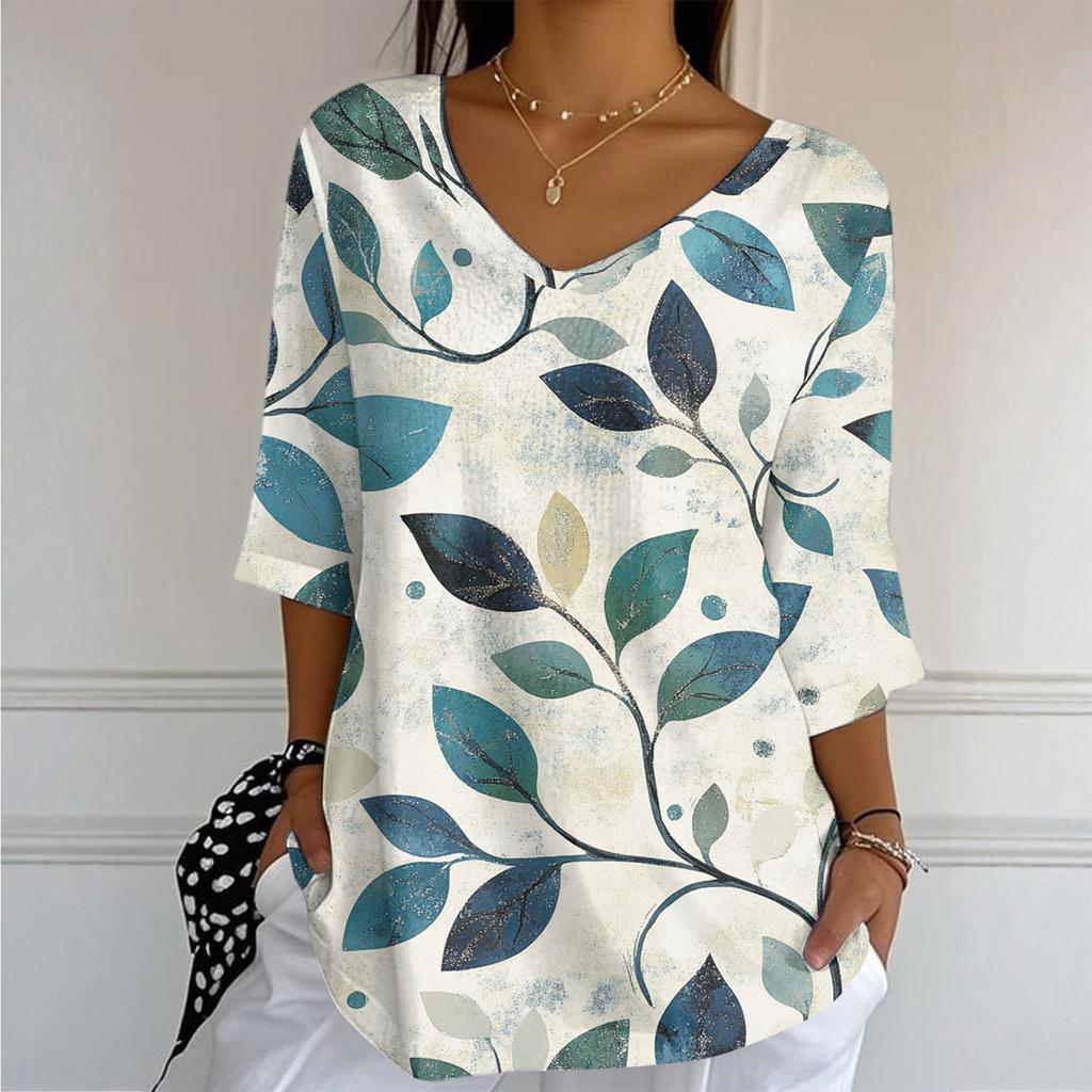 Women's Casual And Fashionable V-Neck Floral Print Seven Quarter Sleeved Top Top