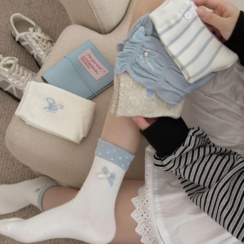 Female Spring and Summer Cloth Label Stripe Bow Shell Pearl Tube Pile Pile Cotton Socks