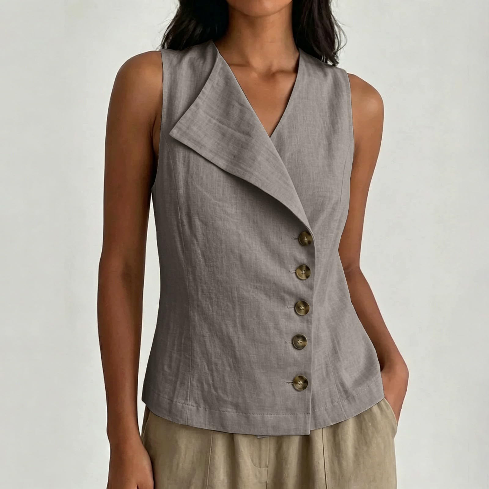 Women s Sleeveless Button Front Top V Neck Linen Blend Casual Blouse Lightweight Summer Shirt with Asymmetric Collar M