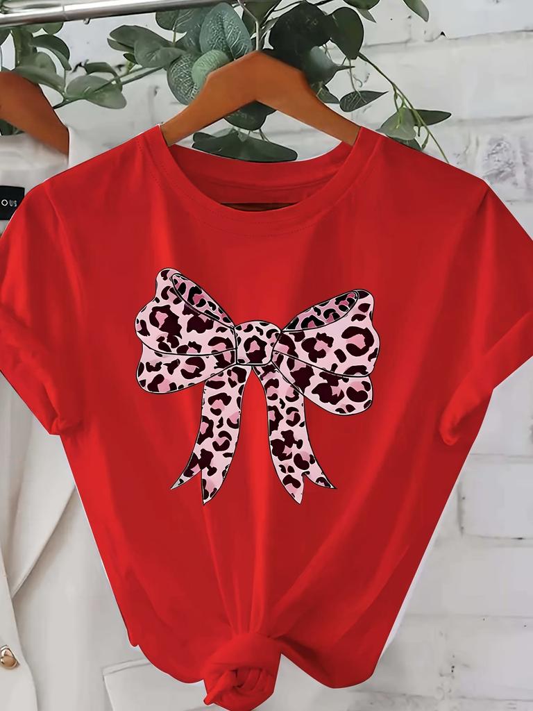 Leopard Pink Hearts Graphic Print Womens Crewneck Casual Short Sleeve T-Shirt Summer Fashion Harajuku Streetwear Tops Tees