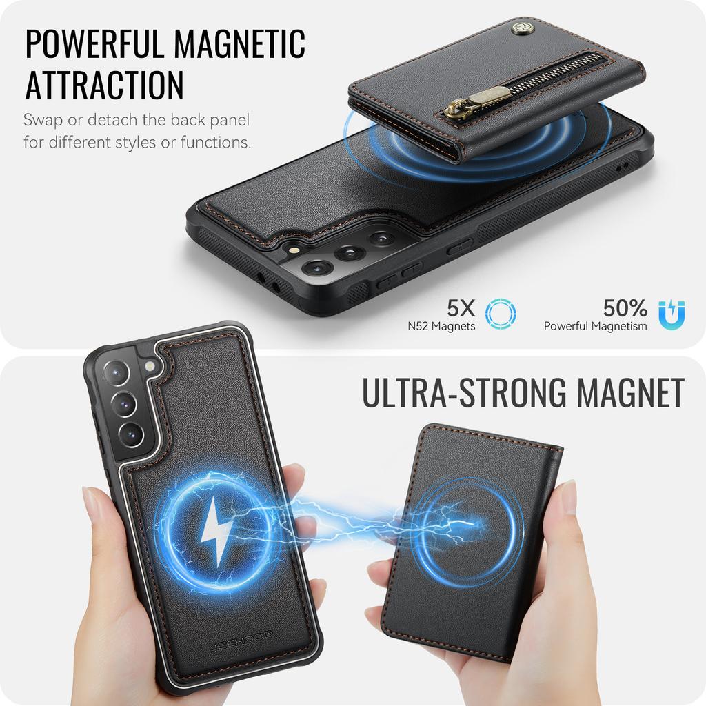 For Samsung Galaxy S21+ 5G Case JEEHOOD J12 Magnetic Detachable Zipper Wallet Kickstand Leather Back Cover Magnetic Case
