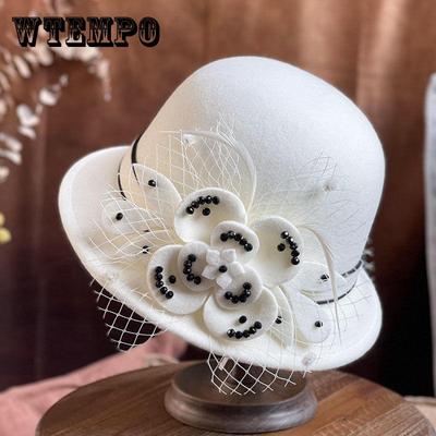Autumn and Winter Felt Hat for Women, Round Top, Solid Color, Korean Style Fashion Flower Lady'S Hat