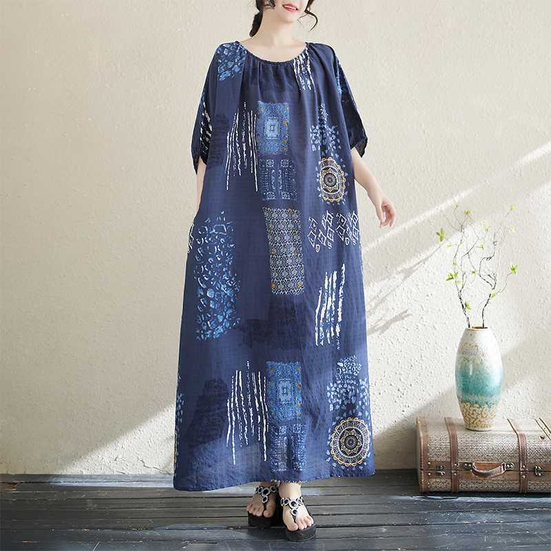 

Художественная хлопково-льняная юбка макси с принтом и свободными складками One size синий