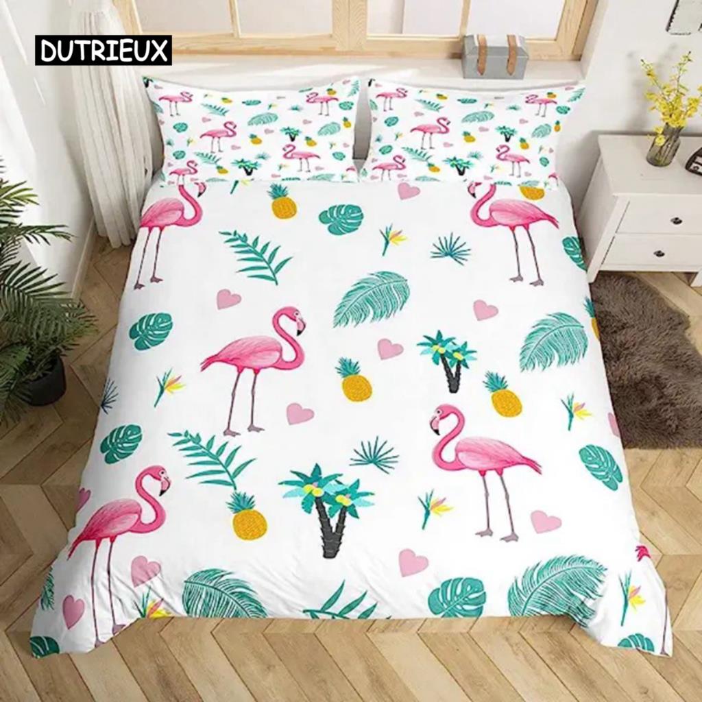 Povlak na přikrývku Flamingo List palmy King Size Tukan Plameňáci Povlak na přikrývku Dívky Chlapec Dospělý Tropické Botanické Listy pro Obývací pokoj