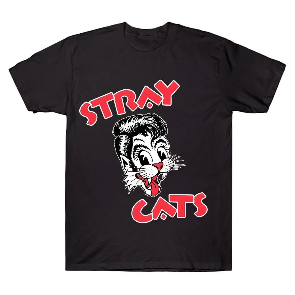 Stray Cats Rock Cat Head T-Shirt Hipster Streetwear Fashion Women Men Crewneck Short Sleeve Cotton Tees Clothing