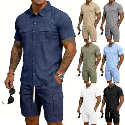 Mens Short Sleeve Button Down Shirt and Drawstring Waist Shorts Set Casual Two Piece Outfits with Pockets for Summer