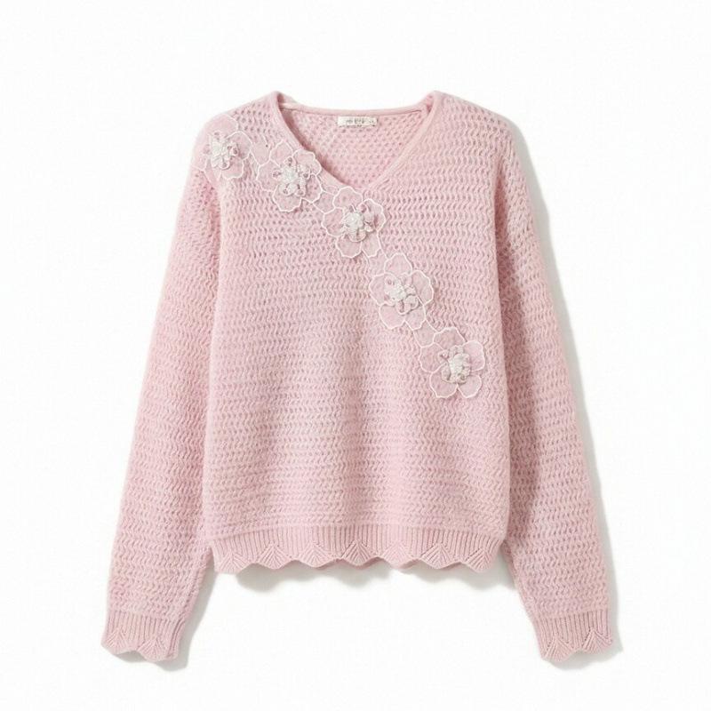 French Chic 3D Flower Knitwear: Women's Pink Sweater