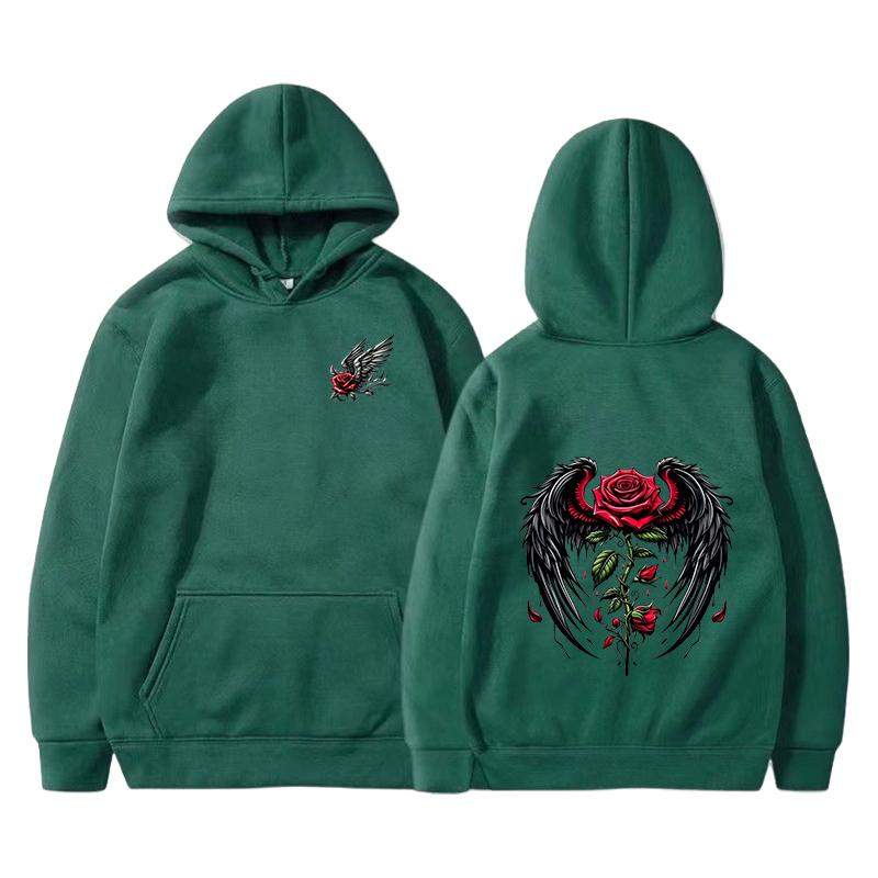 Rose wing pattern printed hoodie fashion trend brand autumn and winter loose hoodie Y2K hip-hop street wear men's and women's pu