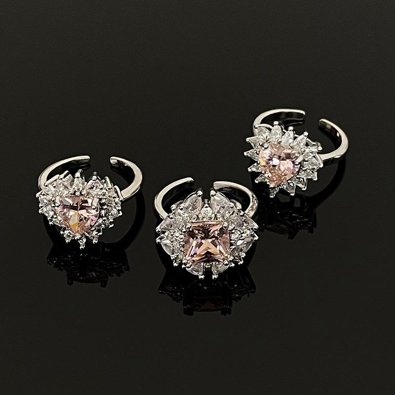 High-End Group Setting Zircon Love-Shaped Pink Diamond Series Open Ring French Light Luxury High-End Ring Woman