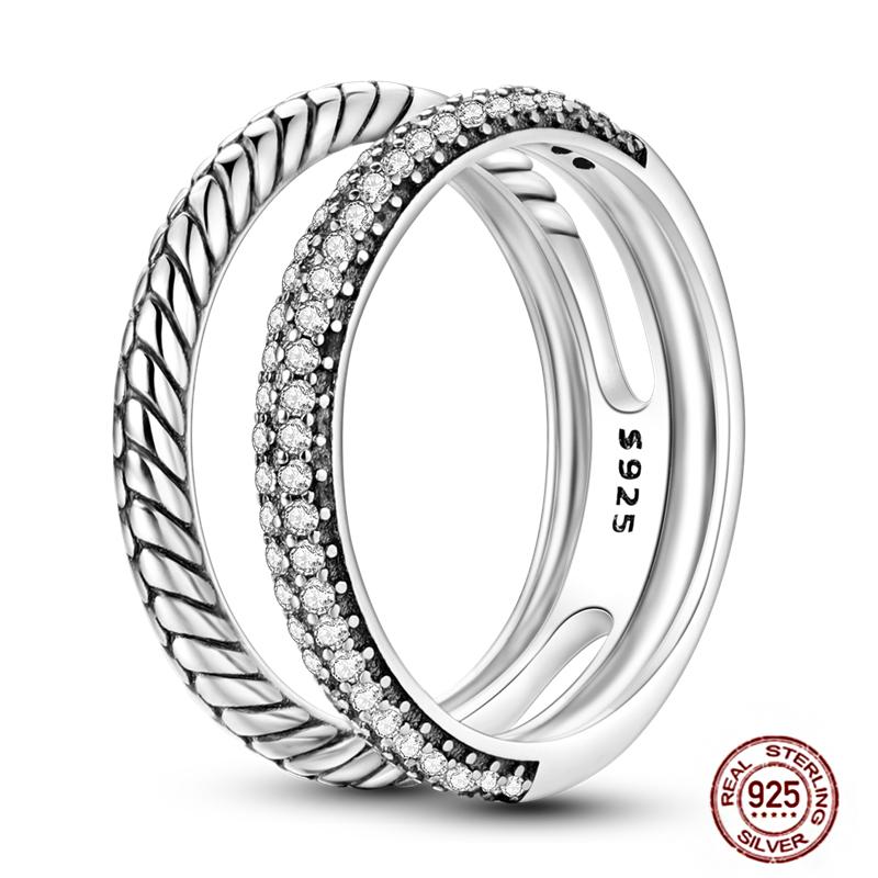 Shine Women koppar Fingerringar 925 Sterling Hjärta Krona Glöd Eldfluga Stjärna Sol Tusensköna Stapelbar Originalring Årsdag Zirkon