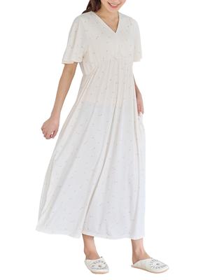 Maternity Nursing Clothes Pajamas Smooth Cache Coeur Padded Short Sleeve Nightgown Prenatal and Postnatal With Pocket Coordination M Star Pattern