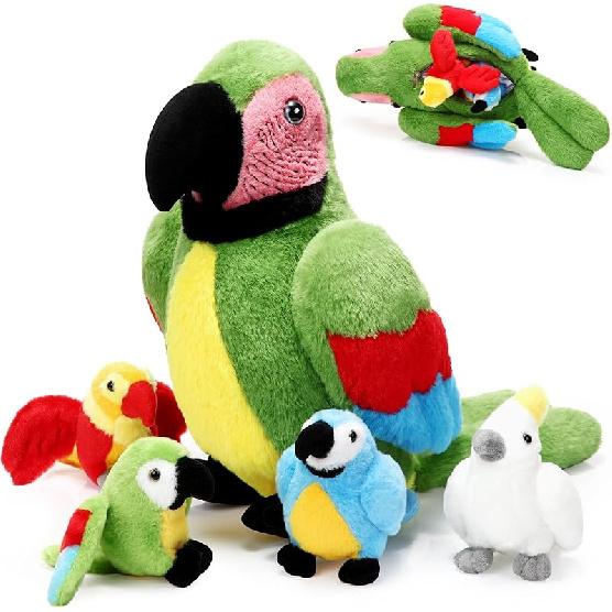 Meooeck 5 Pcs Macaw Parrot Plush Set 13 Inch Mommy Parrot Stuffed Animal with 4 Cute Plush Baby In Her Belly Soft Cuddly Bird for Toddlers Valentines