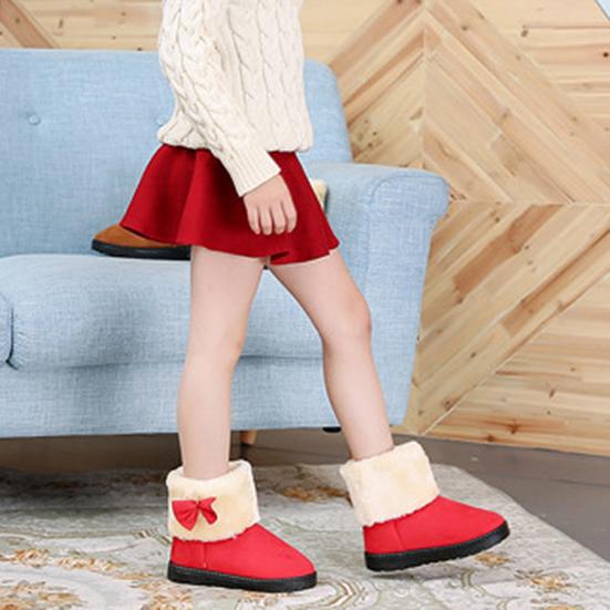 Girls Cute Bowknot Solid Color Winter Warm Snow Ankle Boots Slip On Flat Shoes