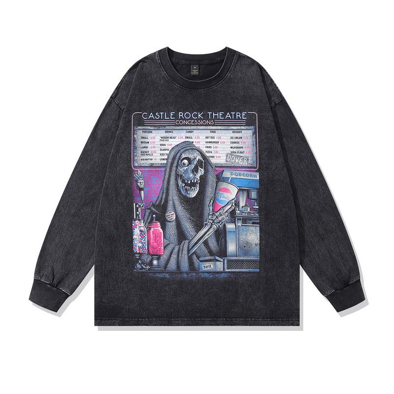 European, American High Street Direct Injection Printing Bottoming Shirt Casual Loose Retro Washed Old Hip Hop Long Sleeve T-Shirt Men