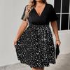 Women's Big Size Fashion Casual Loose Splicing Printed V-Neck Short Sleeve Tied Pleated Dresses