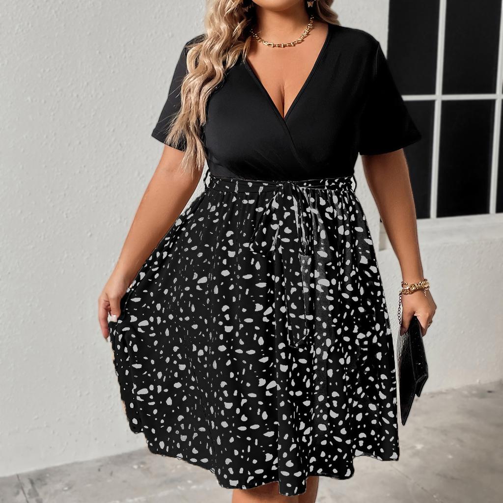 Dámské módní ležérní volné šaty velkých velikostí s potiskem, V-výstřihem, krátkým rukávem, na zavazování, plisované