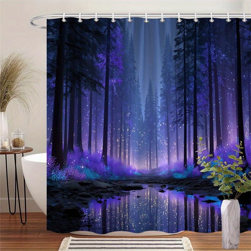 Enchanted Forest Shower Curtain 180x180cm – Mystical Purple Trees with Glow Path & Stars, Fantasy Bathroom Decor, 12 Hooks 90X180cm(35x70in)