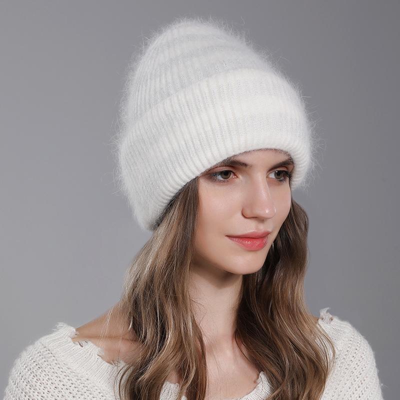 Women's Hat Angora Wool Winter Rabbit Fur Knitted Warm Beanie Fashion Double Layer Fold Silver Wire Casual For Hats Thick