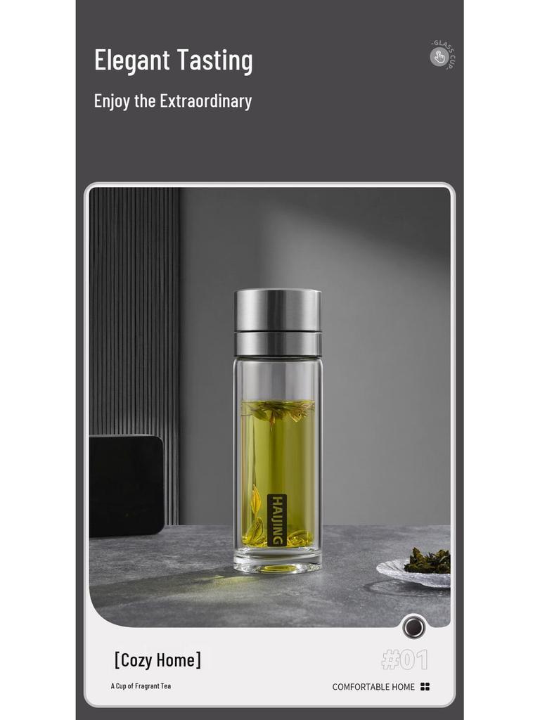 Portable Double-Layer Glass Tea Cup with One-Touch Lid – Unisex Business Gift