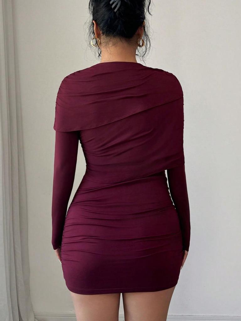Elegant European-Style Slim Fit Dress: Ruched Long Sleeve for Spring & Autumn Parties