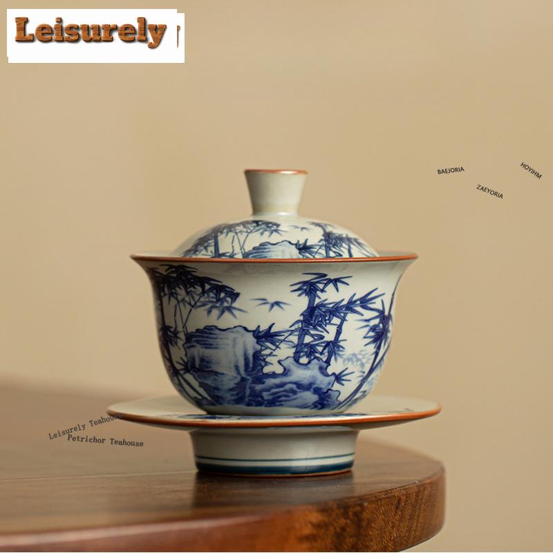 HOYIHM 161ml Rretro Old Pottery Clay Gaiwan Vintage Blue And White Landscape Poetry Tea Tureen Tea Making Cover Bowl Tea Gifts
