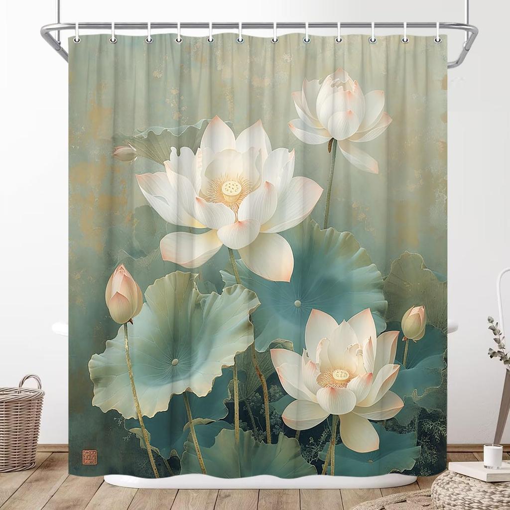 Asian Lotus Floral Shower Curtain Rustic Zen Vintage White Flowers Farmhouse Chinese Japanese Style Relax Plants Green Leaves