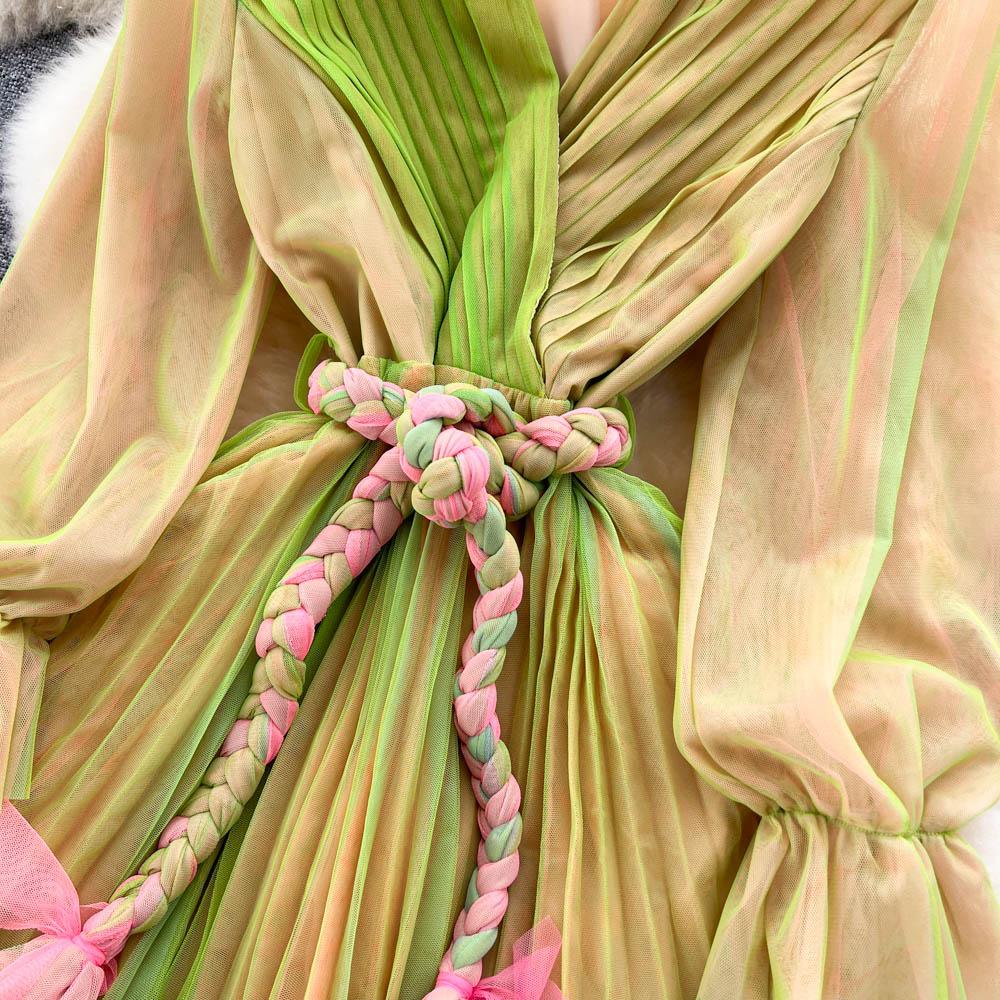 Kadın Örgü Parti Uzun Elbise V Boyun Uzun Kollu Degrade Dantel Up A Line Sundress Moda Bohe Pilili Maxi Elbise