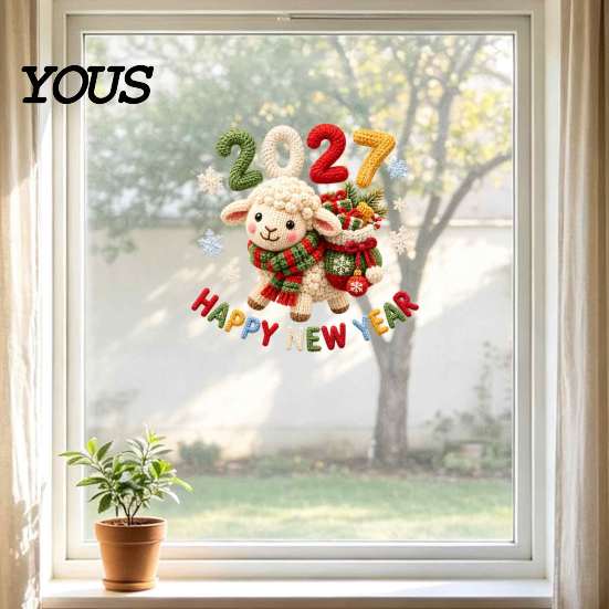 Easy Apply Static Decals Happy New Year Window Cling, 2027 Crochet Sheep Snowflake Holiday Decorative Stickers Glas Sticker, Reusable Christmas
