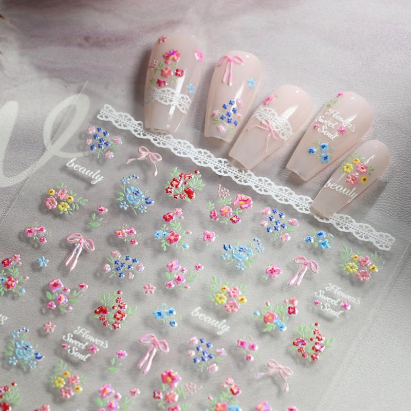1 Sheet 3D Spring Flower Series Nail Stickers Colorful Rose Bouquet Nail Decal Self-Adhesive Daisy Ribbon Bow Manicure Sticker
