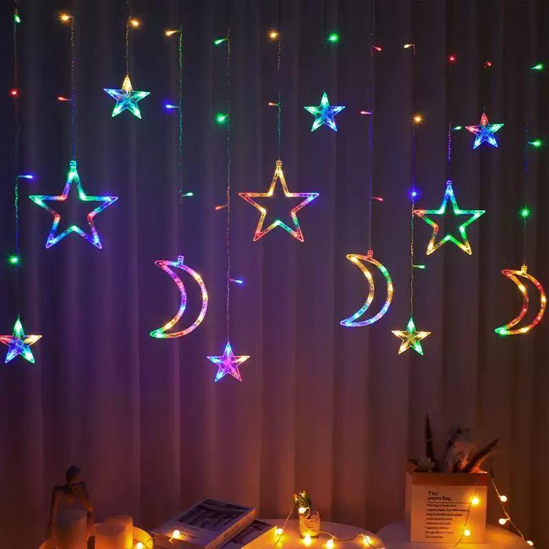 

LED Star & Moon Curtain Lights - Starry Sky Bedroom & Outdoor Camping Décor - Romantic & Colorful Light Strings 3.5m Plug-in