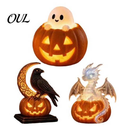 Gruselige Halloween Tischdekorationen Kürbis Drachen Statue, LED Leuchtende Harzfigur Party Mittelstücke mit Warmem Licht, Fantasy Schreibtisch Dekoration