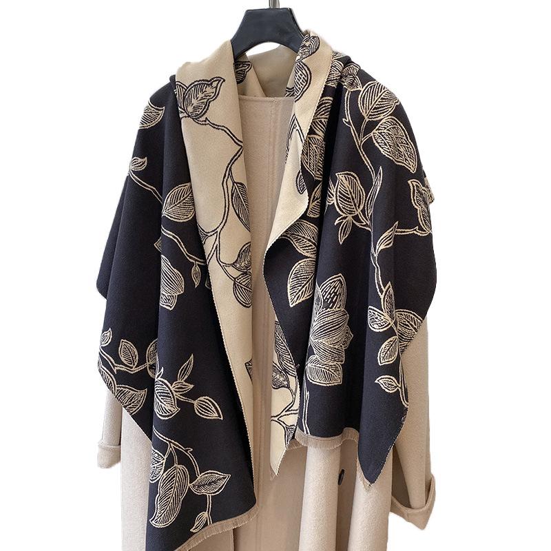 Imitation Cashmere Double-Sided Contrasting Color Versatile Plant Printing Double-Sided Warm Scarf Shawl Outer Women