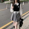Knitted Patchwork Blouses Women Korean Fashion Cute Preppy Style Long Sleeve Shirt Fake Two Piece School Girl Crop Tops