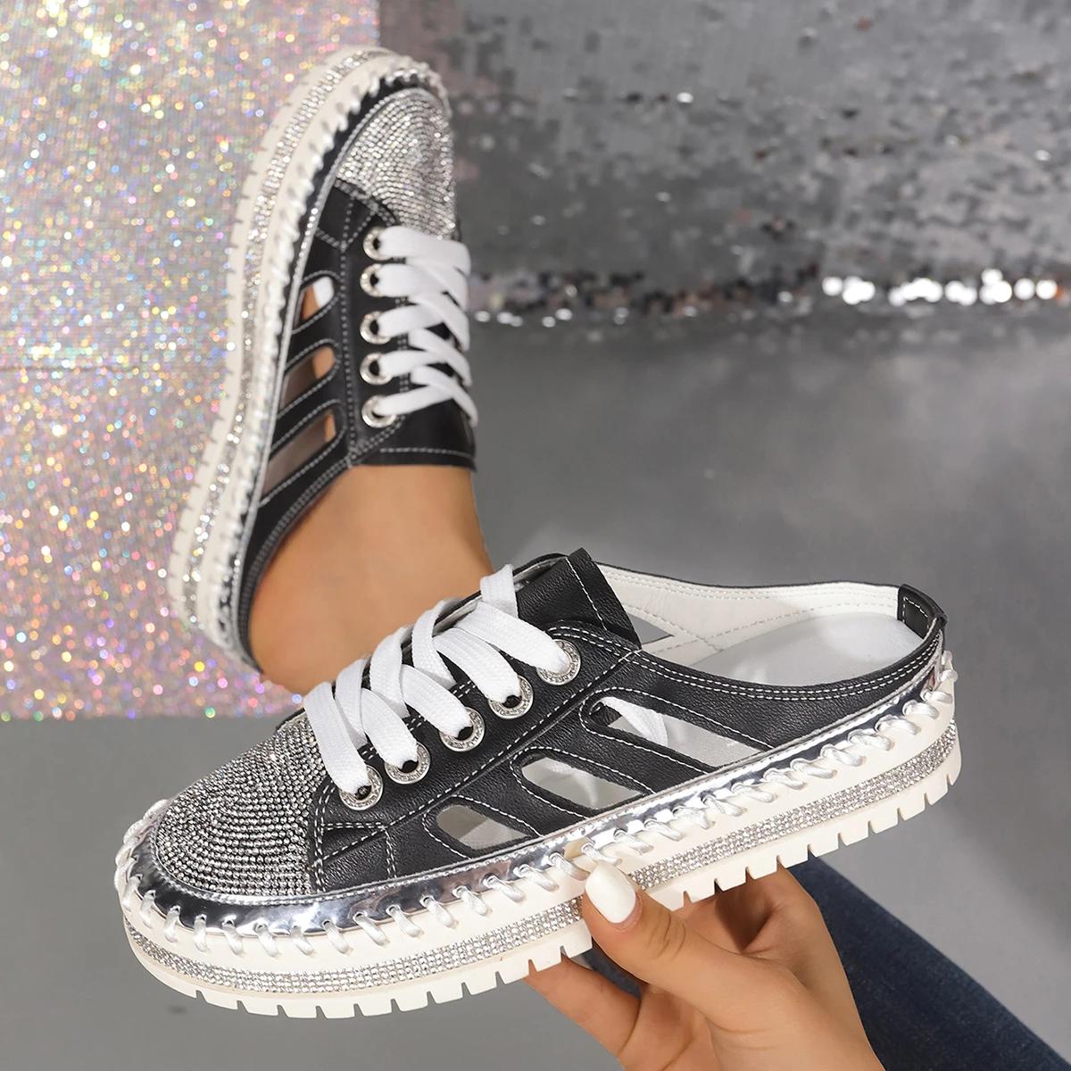 

Женские трендовые полутапочки с кристаллами для женщин, обувь на плоской платформе, удобная элегантная женская обувь, роскошные женские сандалии 40 чёрный