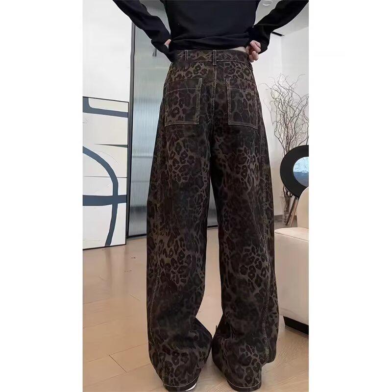 Spring 2025 Leopard Print High-Waist Straight-Leg Jeans for Women